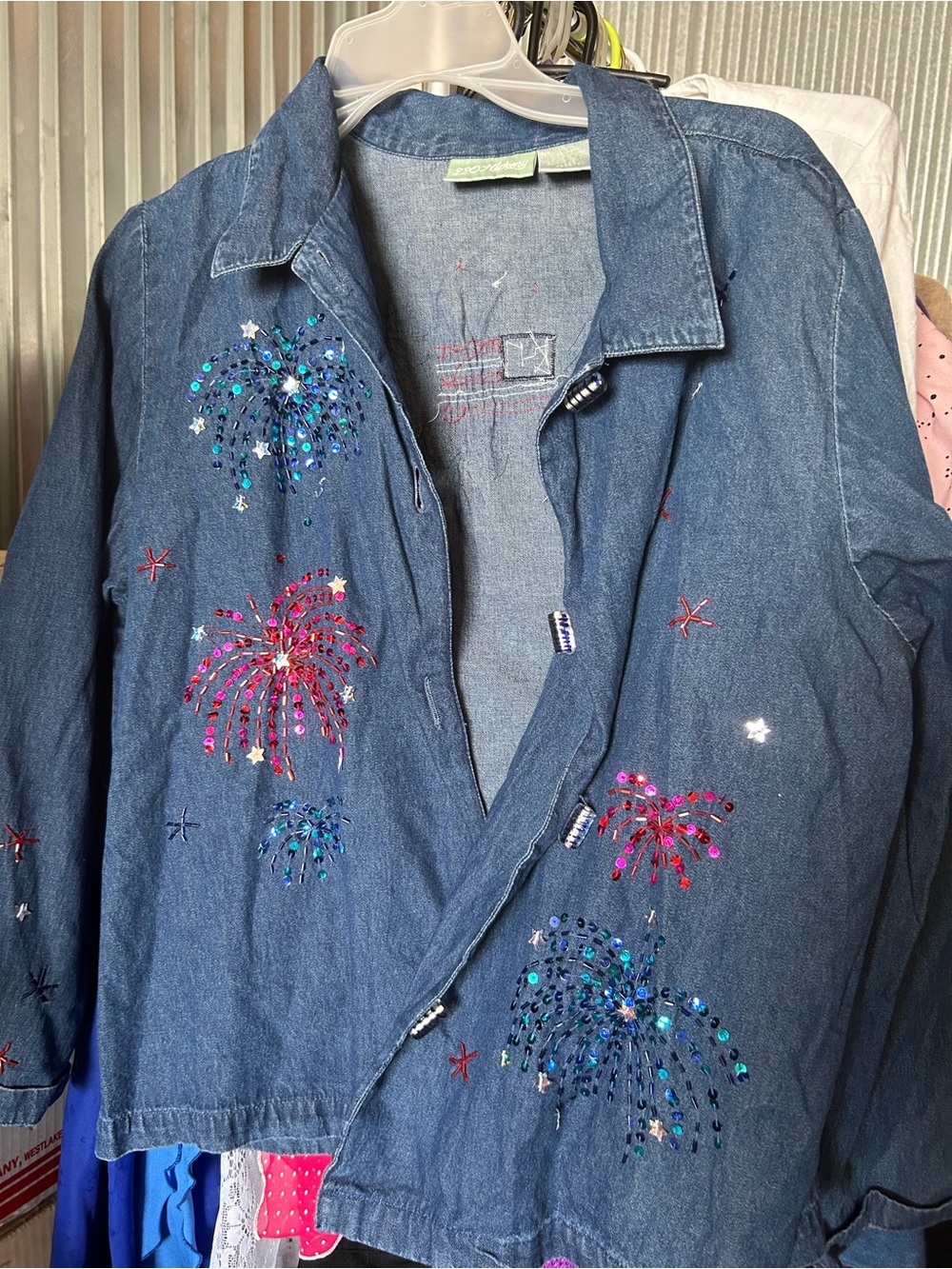 220 Hickory jean jacket shirt features patriotic fireworks embroidery front.